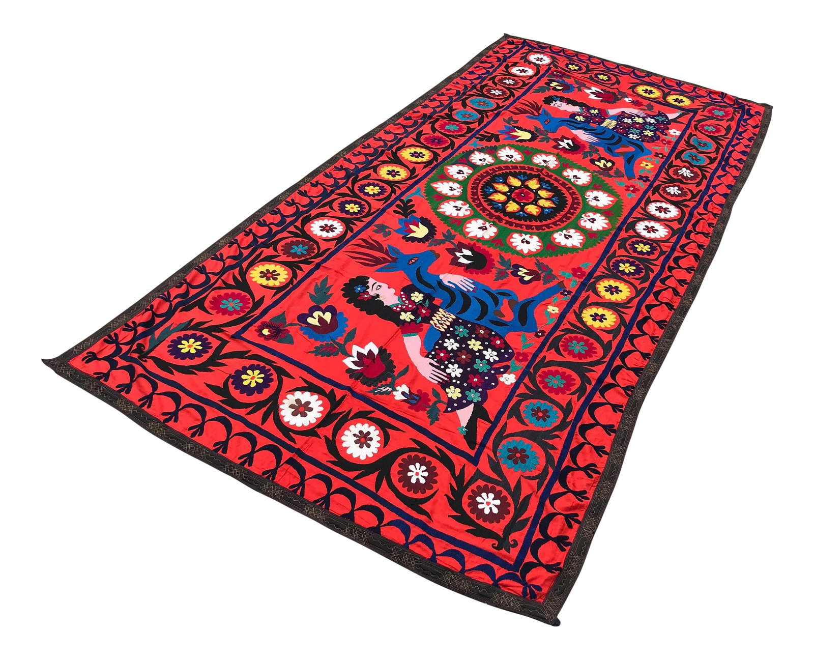 Suzani Animals and Flowers Table Cover / Bedspread - 5' x 10': Special Design - Colorful Handmade Bedspread - Animals and Flowers Vintage SUZANI Fabric. Looks beautiful in any home setting and is a great accent to any room. Can be used as wall hanging, a room