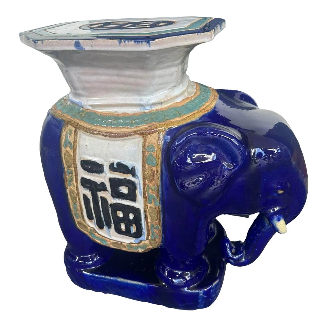Antique Chinoiserie Elephant Garden Stool Side Table: Beautifully made porcelain, hand -painted lapis blue elephant garden stool, side table . Chinese lettering "Blessing" on side panel. This is.an old piece in very good condition and very heavy.