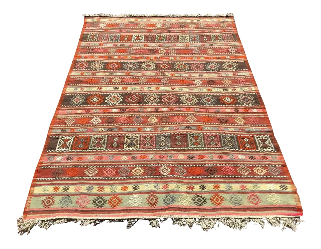 Vintage Turkish Kilim Rug - 60" X 86.5": This beautiful, vintage, handwoven kilim is approximately 50 years old. It is handmade, of very fine quality hand spun wool in all natural colors. It has been professionally cleaned and is ready to