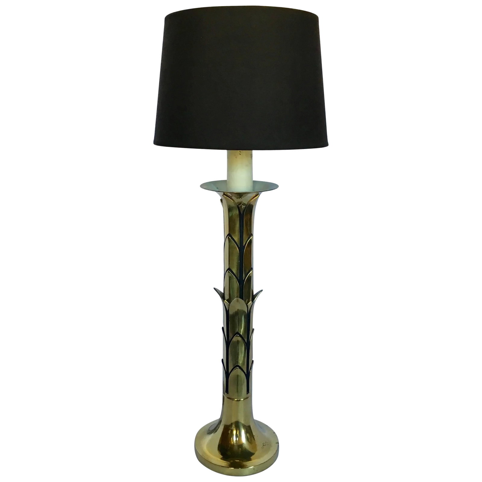 Hollywood Regency Style Brass Palm Tree Table Lamp: Mid-Century Modern Hollywood Regency style brass palm tree form candlestick table lamp. In the style of Maison Jansen. Measures: Height 39.5 to top of harp. Lampshade not included. Condition: Alterati