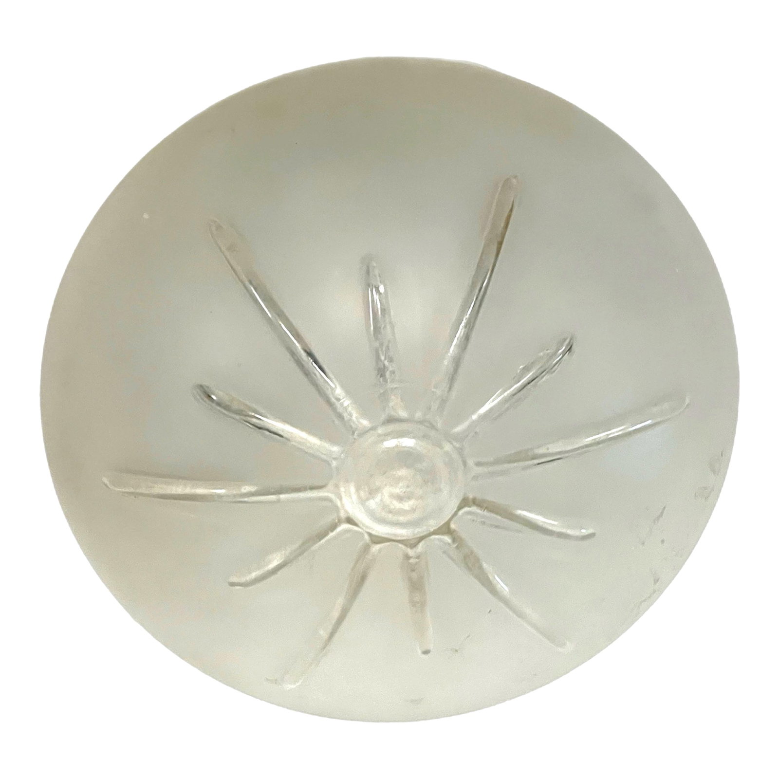 1950's Sunburst Satin and Clear Glass Flush Mount: Atomic 1950s era starburst glass ceiling fixture ~ flush mount. 7(1/2)" width ~ 3(1/2)" height and 5(3/4)" fitter. A clear raised starburst/sunburst is a fantastic contrast with the opaque white of