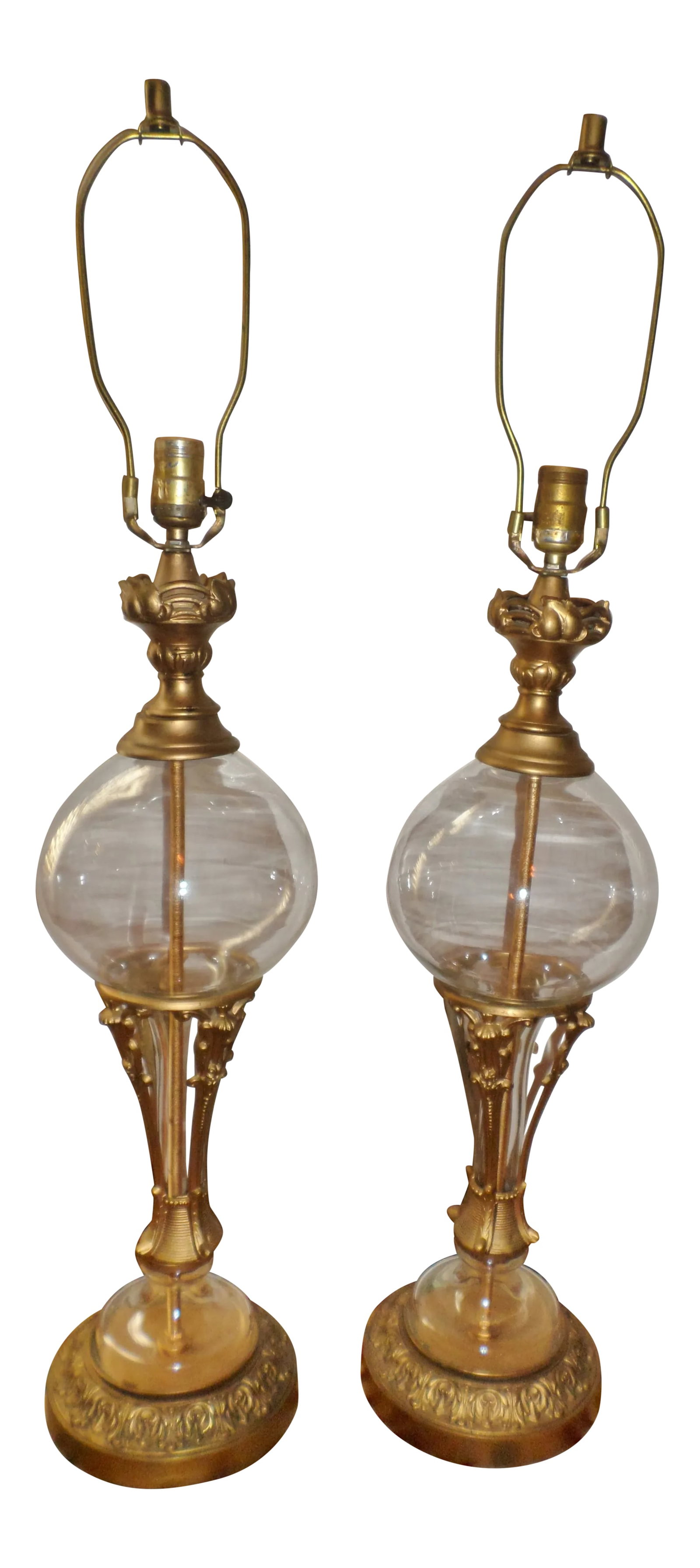 Vintage Neoclassical Brass Glass Lamps- a Pair: This is a Gorgeous Pair of Neoclassical Brass / Metal and Glass Lamps with a Center Glass Globe that has a Glass Stem and Glass base on the Top of a Brass Base and are 27.5" tall to Socket and 36" tal