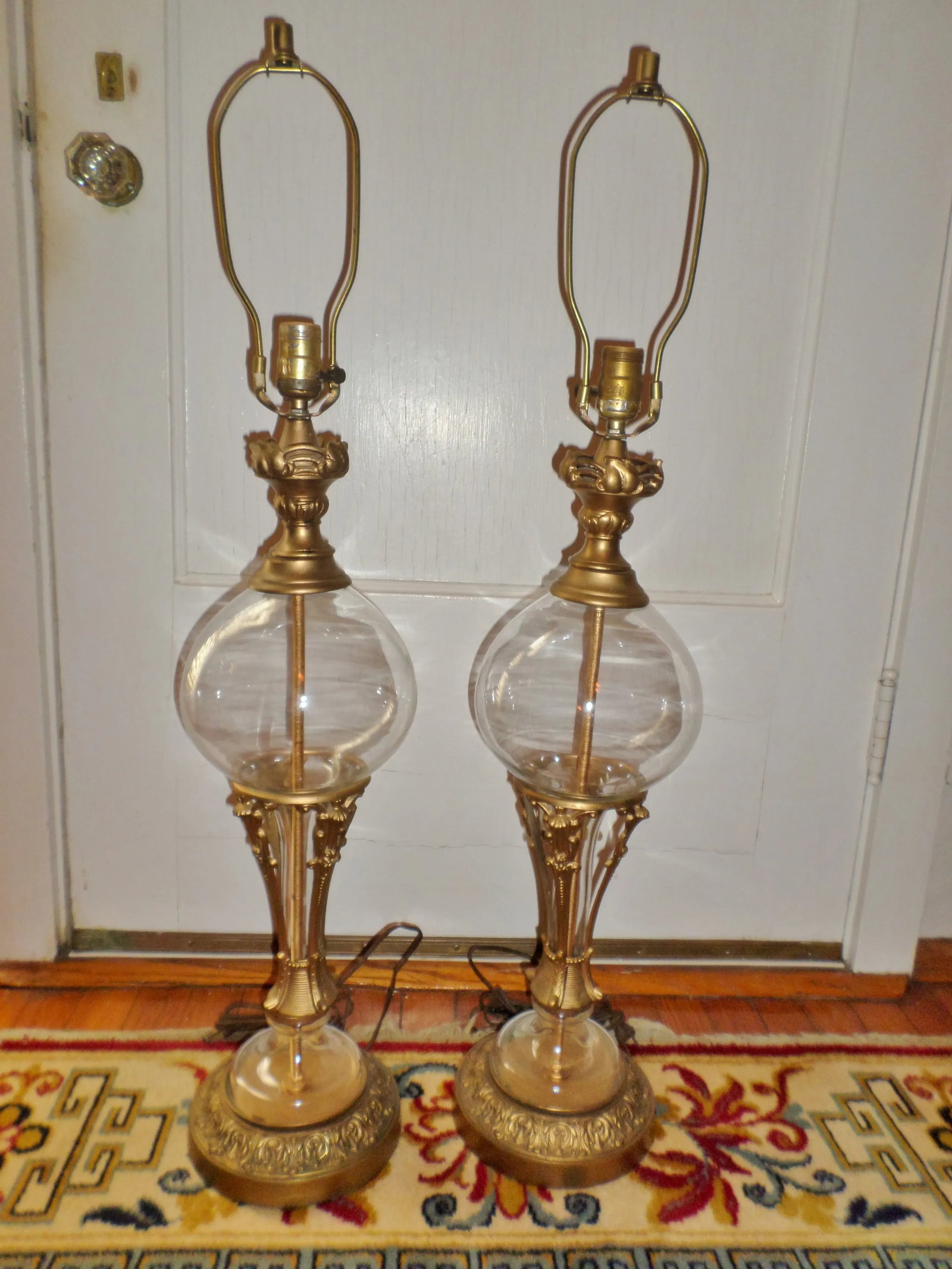 Vintage Neoclassical Brass Glass Lamps- a Pair - 2