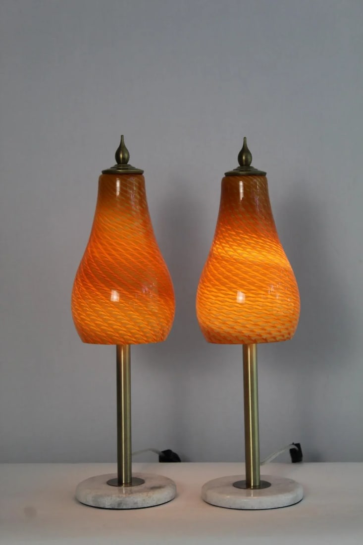 Mid 20th Century Amber Murano Style Swirl Lamps - a Pair - 2