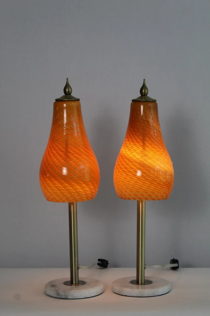 Mid 20th Century Amber Murano Style Swirl Lamps - a Pair - 3