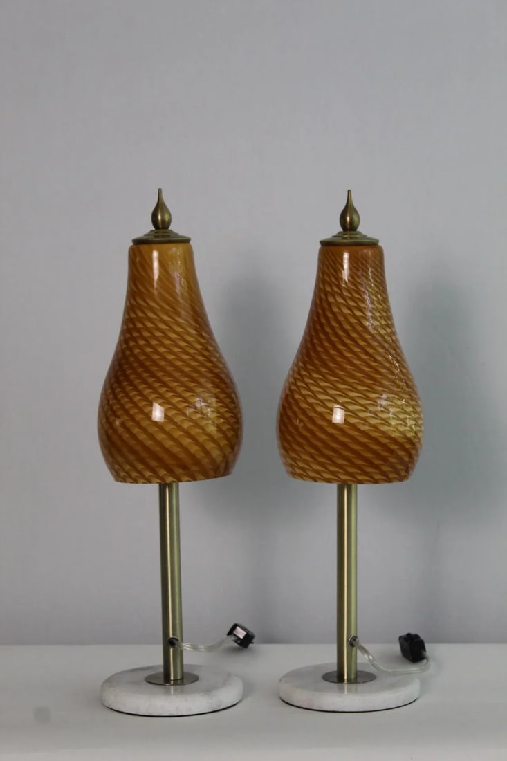 Mid 20th Century Amber Murano Style Swirl Lamps - a Pair - 4