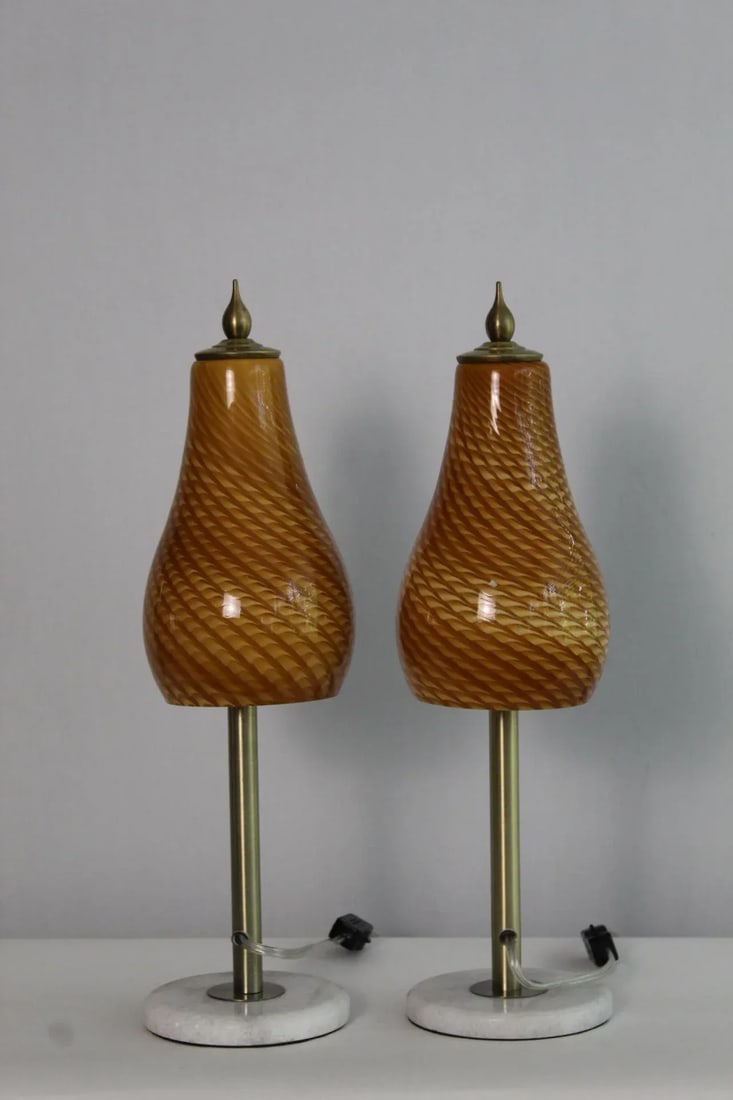 Mid 20th Century Amber Murano Style Swirl Lamps - a Pair - 5