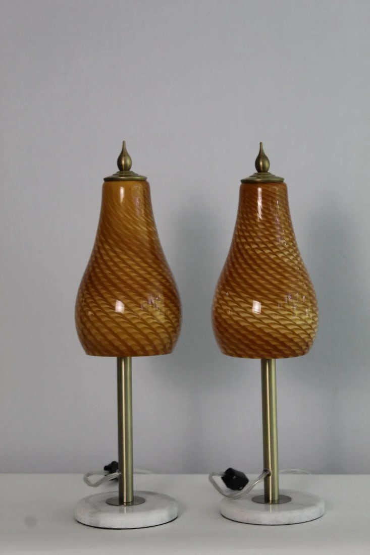 Mid 20th Century Amber Murano Style Swirl Lamps - a Pair - 6