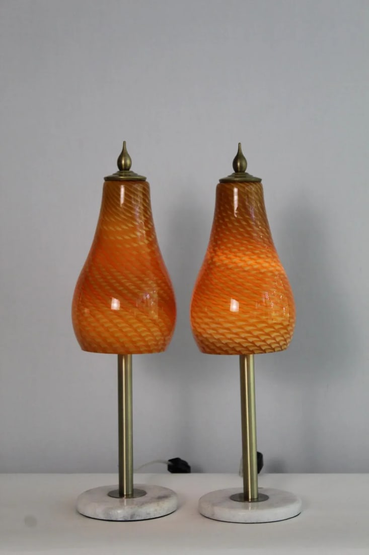Mid 20th Century Amber Murano Style Swirl Lamps - a Pair - 7