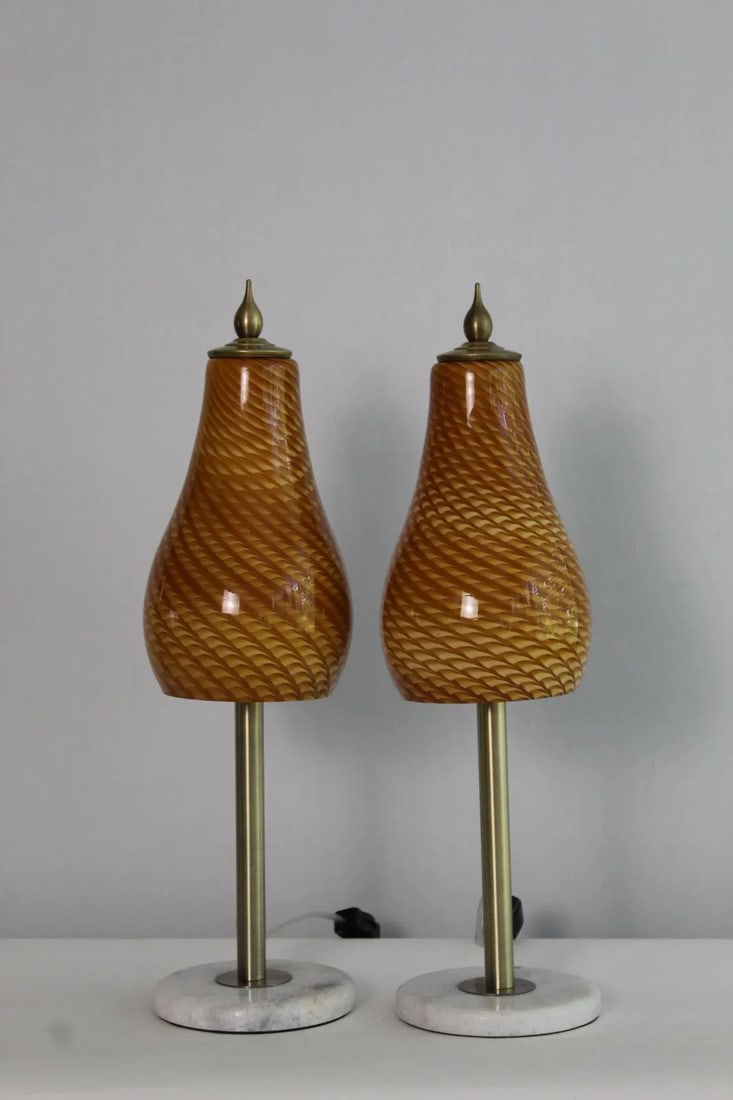 Mid 20th Century Amber Murano Style Swirl Lamps - a Pair - 8
