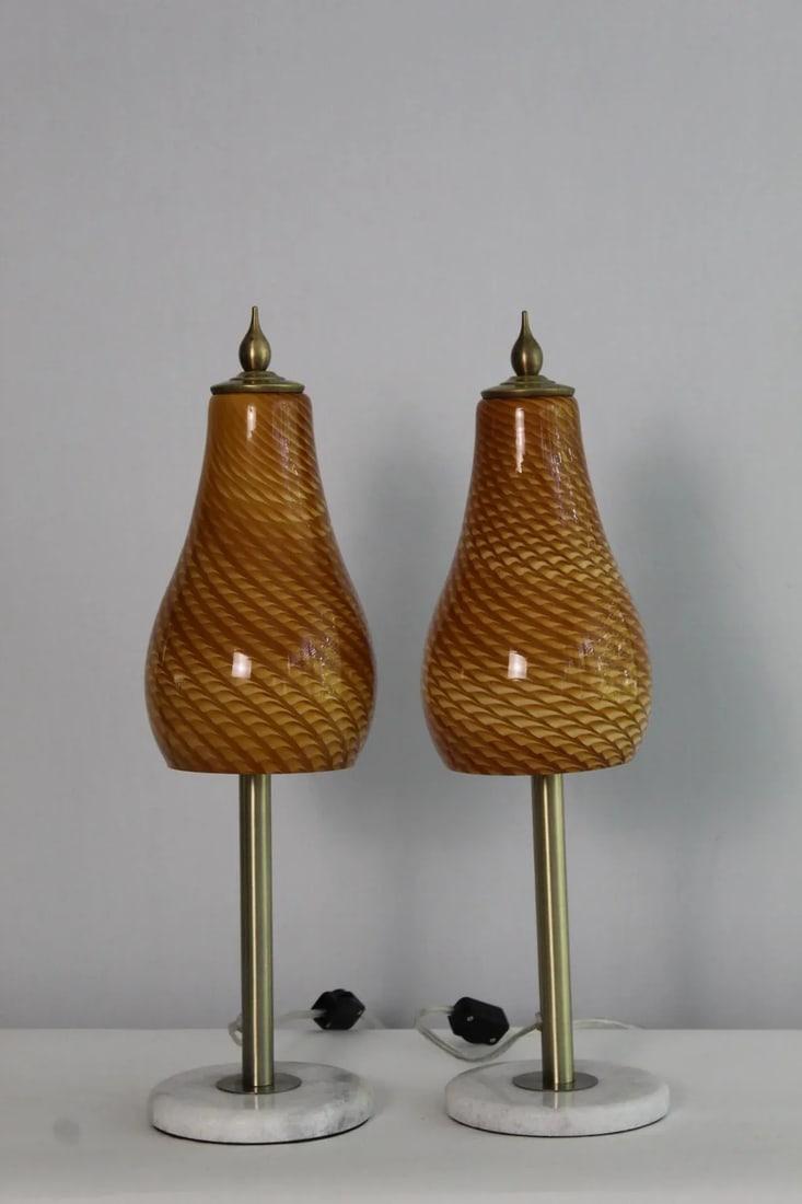 Mid 20th Century Amber Murano Style Swirl Lamps - a Pair - 9