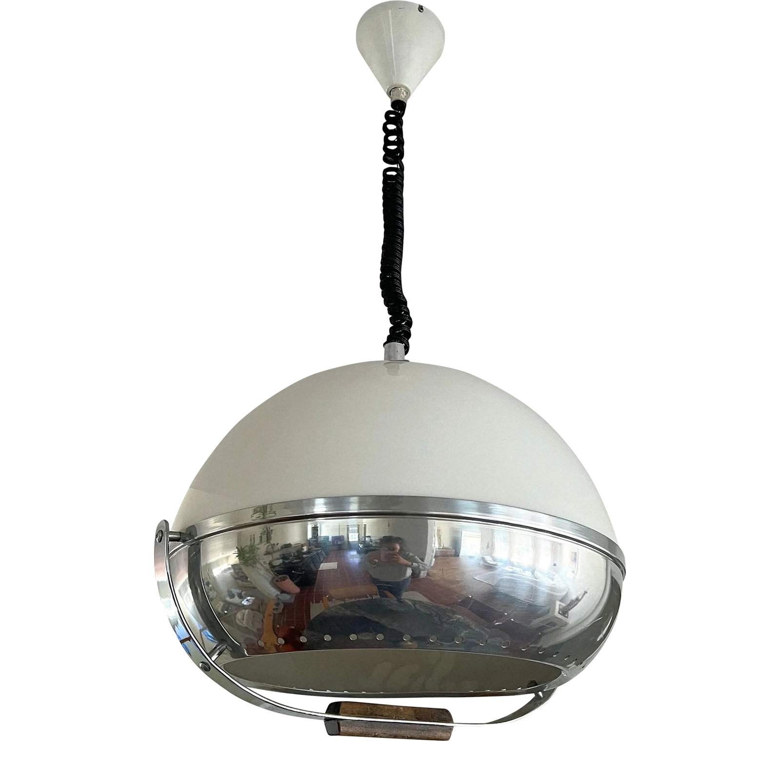 Space Age Pendant Lamp by Harvey Guzzinni Dijkstra, 1970s: Space age pendant attributed to Dijkstra in cream/ivory color with an aluminium/metal frame. The shade produces a magnificent glow, reflecting nicely on the chrome arc underneath the shade. Unmarked.