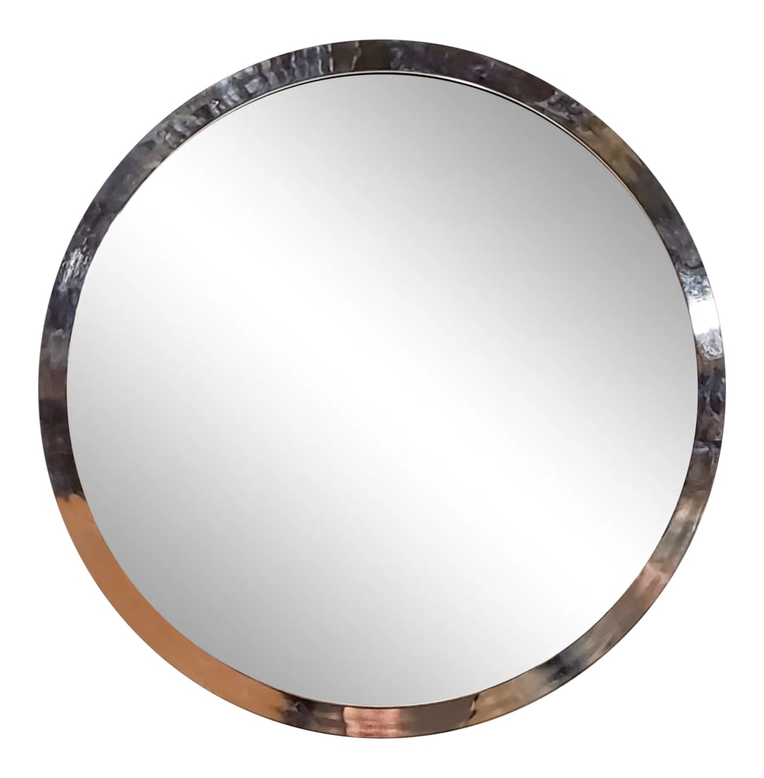 Vintage Polished Steel Mirror by Kaizo Oto for Dia: Post Modern Memphis Style Wall Mirror By Kaizo Oto For DIA. In a Stunning Polished Stainless Steel Frame. 40.5" diameter. Matching Console Table Also Available. Condition: Alterations: Original