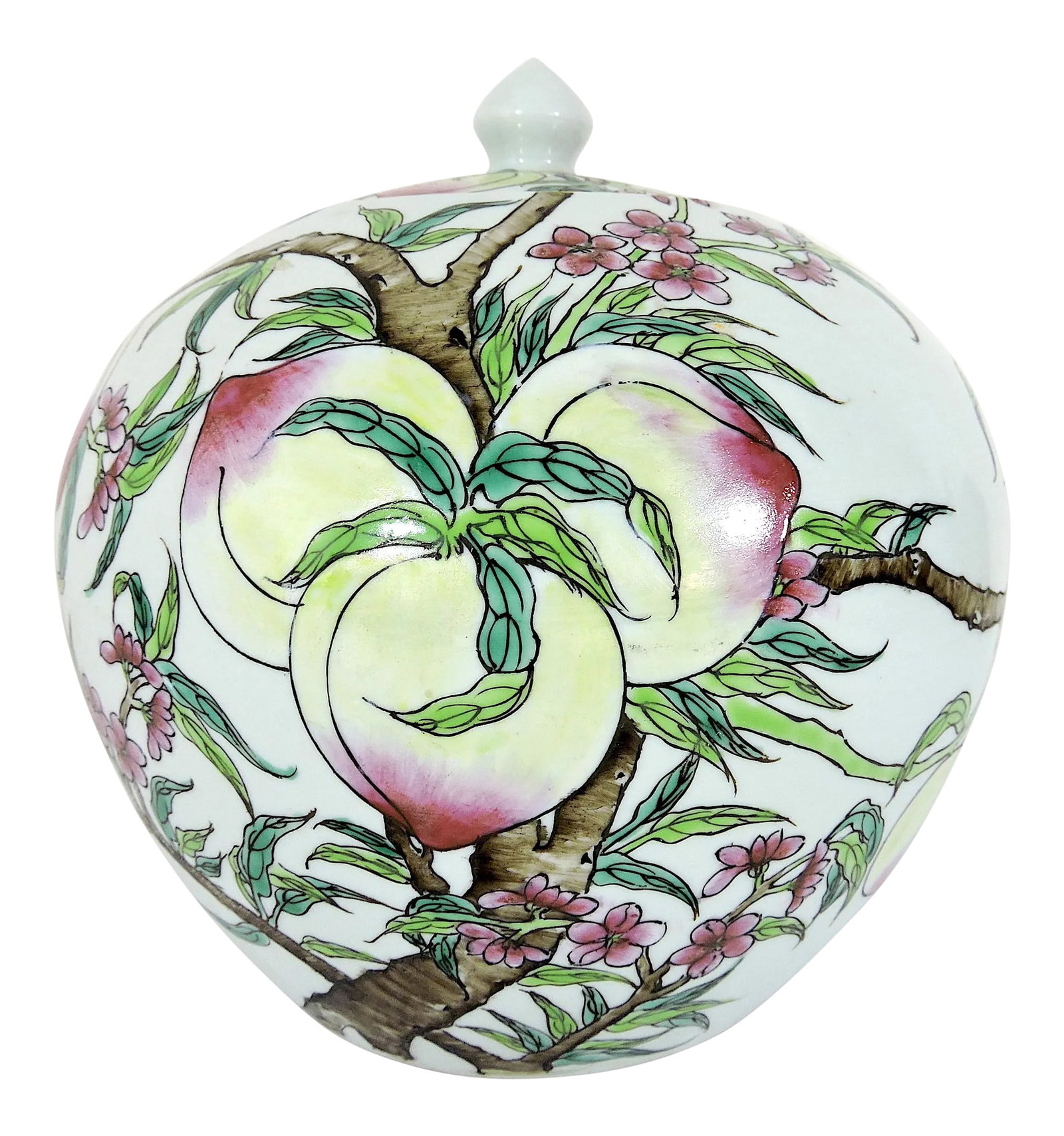 Antique White Porcelain Chinese Ginger Jar With Blossoms & Peaches, Tongzhi Mark.: A beautiful early 20th. Century Chinoiserie oviform ginger jar hand decorated with rich under glaze enamels. The round body has a continuous 'peach tree and fruit' theme that continues through to the