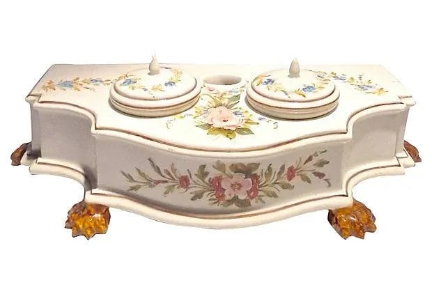 Vintage Hand-Painted Italian Floral Double Inkwell: Vintage 1910-1950, Italian ceramic floral double inkwell with removable wells with lids. Center vase for pens or quills. Hand-painted floral design accents. Claw feet. Condition: minor surface wear an