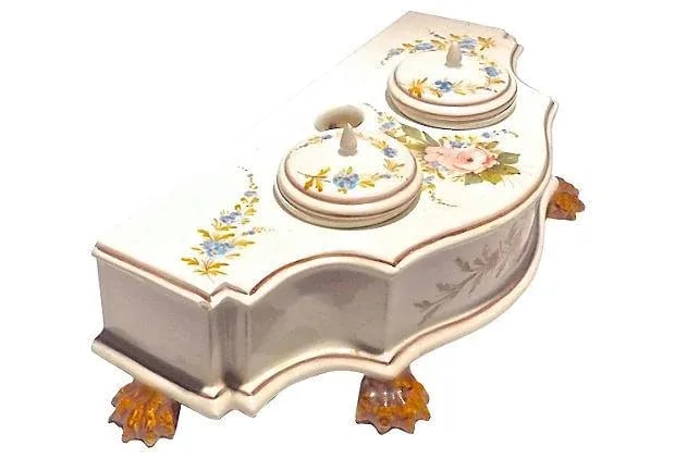 Vintage Hand-Painted Italian Floral Double Inkwell - 2