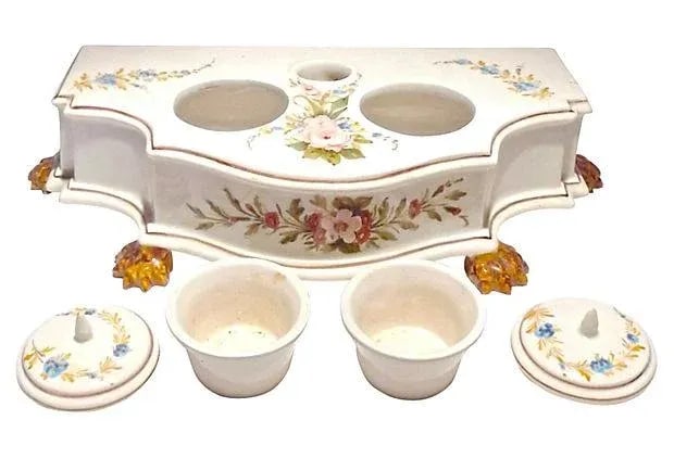 Vintage Hand-Painted Italian Floral Double Inkwell - 3