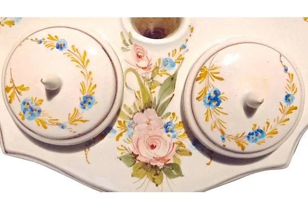 Vintage Hand-Painted Italian Floral Double Inkwell - 4