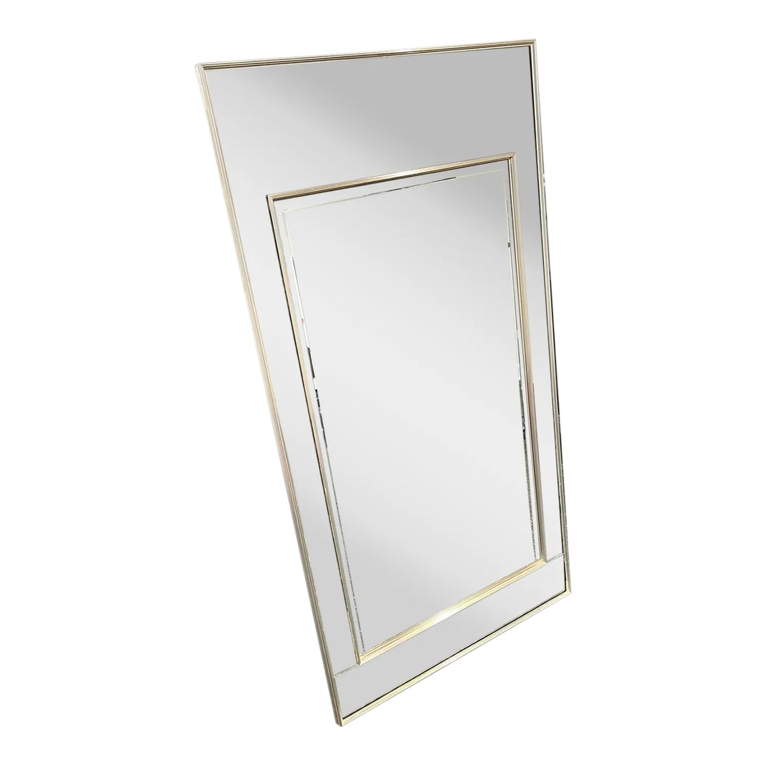 1940's Vintage Transitional Beveled Wall Mirror: 1940s Transitional Beveled Wall Mirror striking , works with any aesthetic or decor perfect in bathroom, entry, any room you'd like to add glamour frame is 8.75" top frame and 3.25 bottom and side