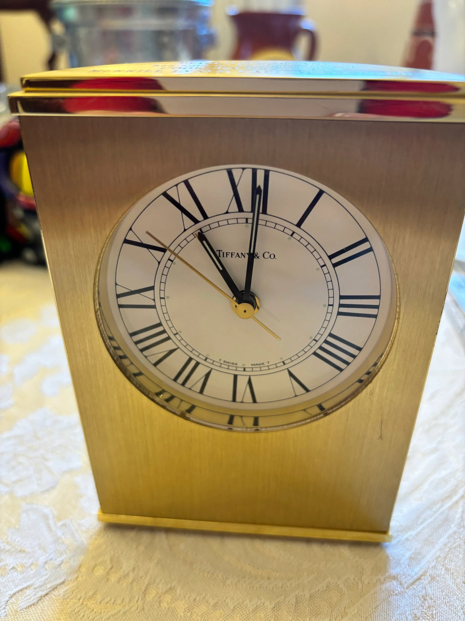 Vintage Tiffany & Co. Swiss Brass Quartz Desk Alarm Clock, Roman Numeral Dial, 1970s - 2
