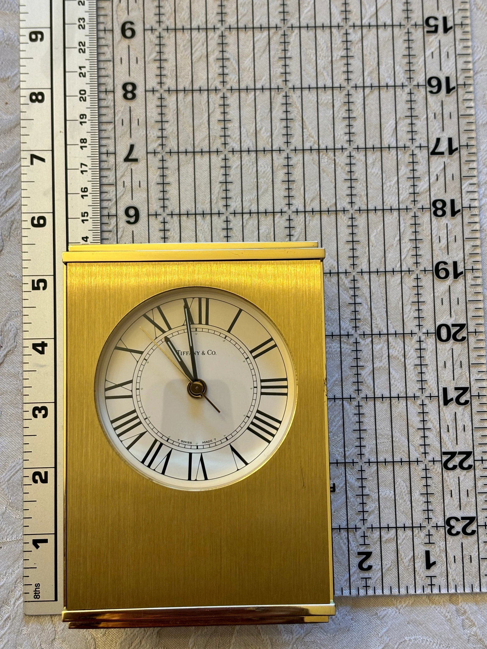 Vintage Tiffany & Co. Swiss Brass Quartz Desk Alarm Clock, Roman Numeral Dial, 1970s - 5