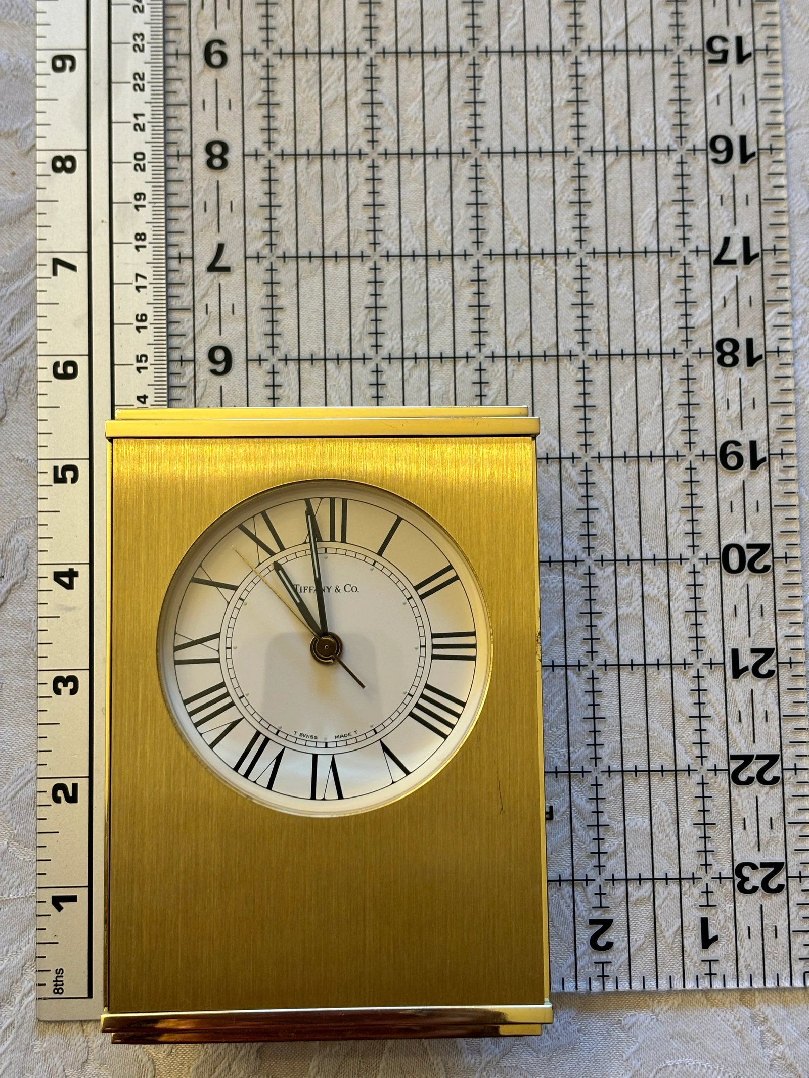 Vintage Tiffany & Co. Swiss Brass Quartz Desk Alarm Clock, Roman Numeral Dial, 1970s - 7