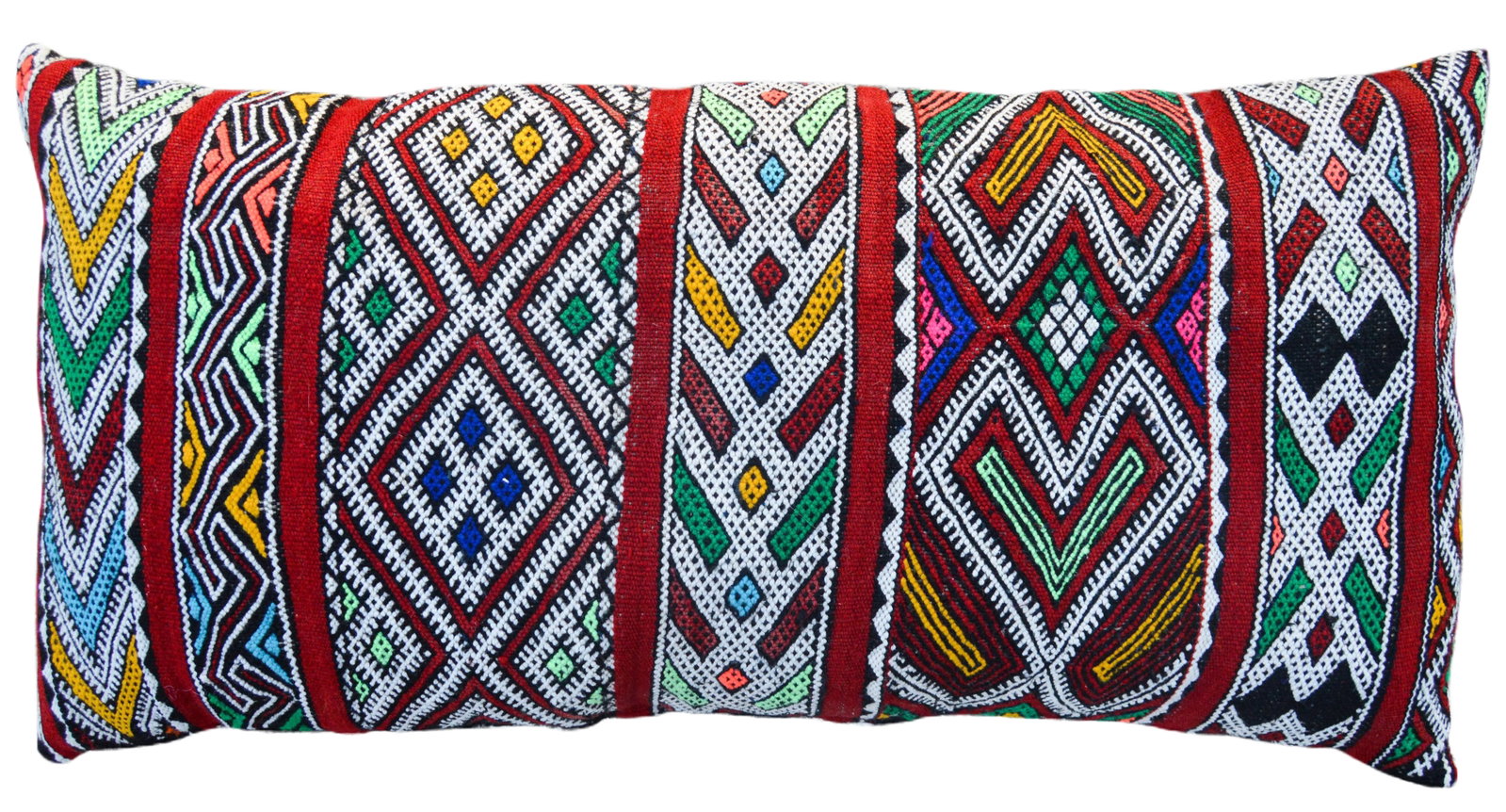 Mid 20th Century Moroccan Berber Pillow W/Motif: One-of-a-kind Moroccan lumbar pillow handwoven by the Berbers of the High Atlas Mountains. Features an ornate striped pattern and a lively assortment of vibrant colors. Pattern continues on back.