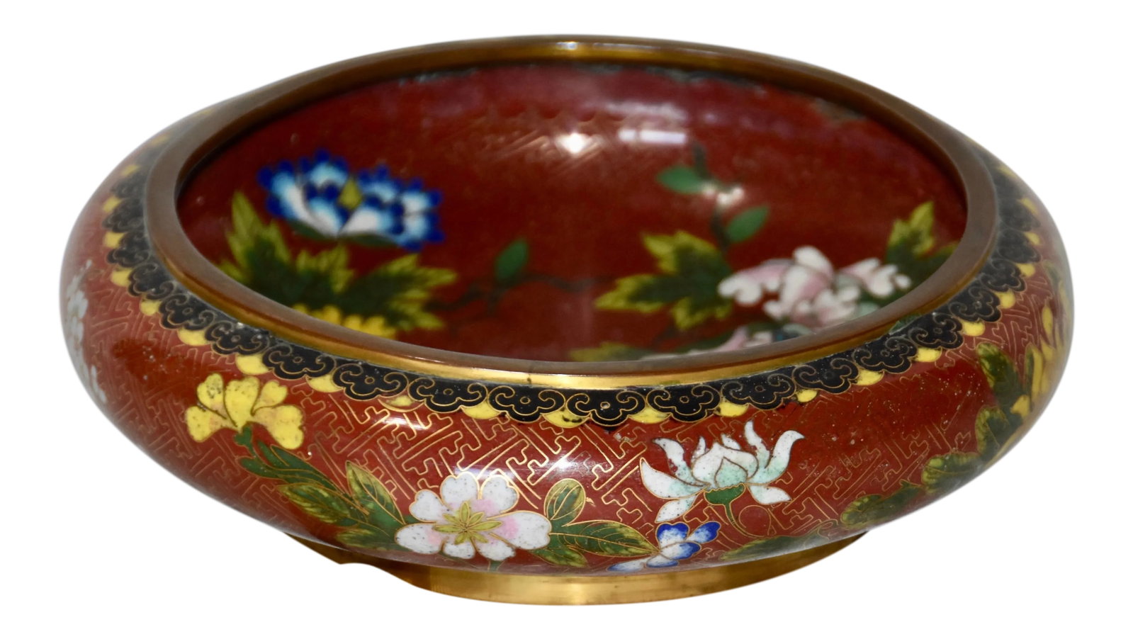 Chinese Cloisonne Round Squat Form Bowl Xuande Mark: Round squat form bowl on circular bronze foot, cloisonne enameled in polychrome Squat shape centerpiece bowl with gilt bronze rim, short circular foot; decorated in polychrome inside and outside