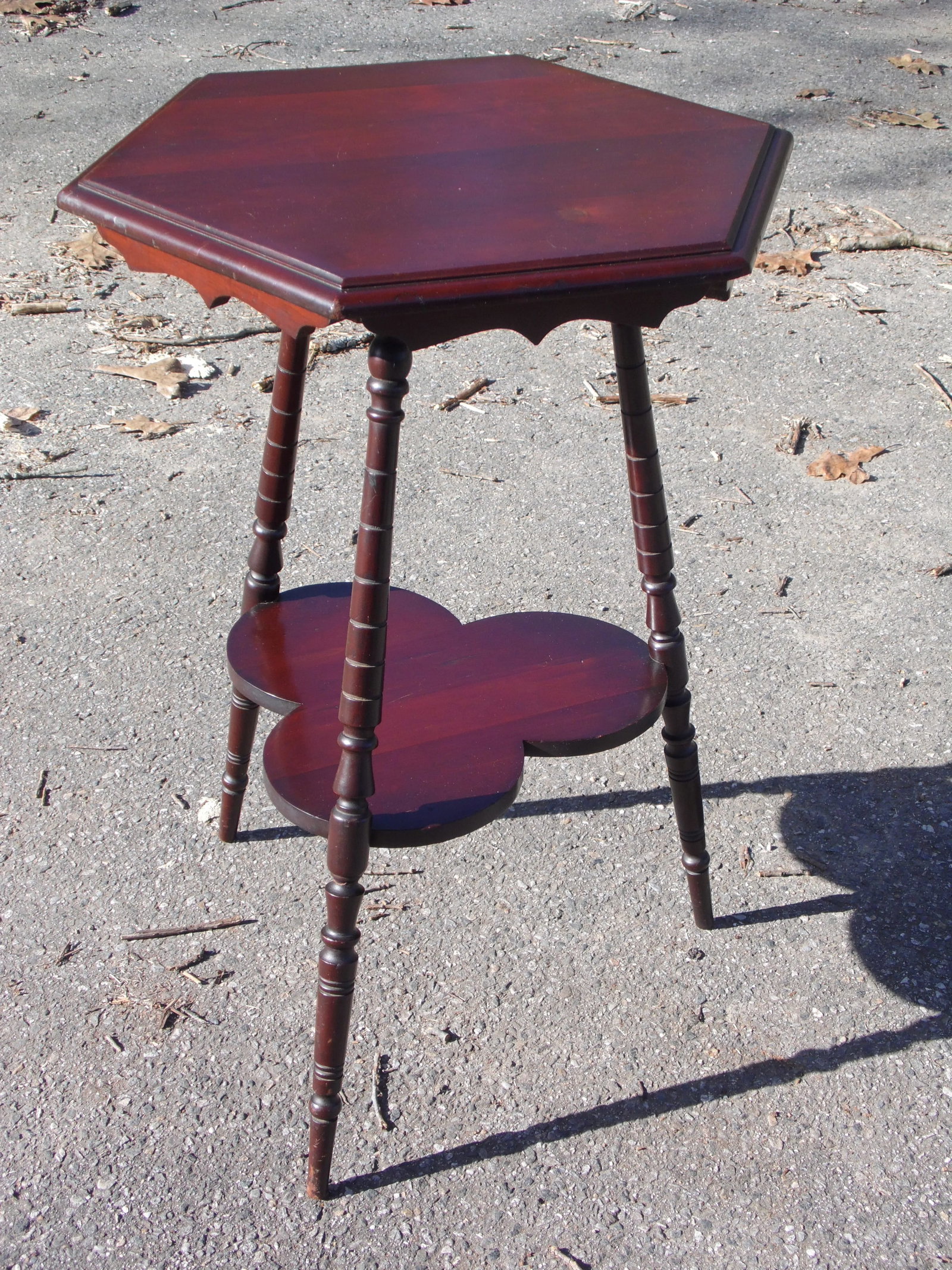Vintage Solid Cherry Wood Tripod Hexagon 2 Tier Plant Stand Accent Table - 10