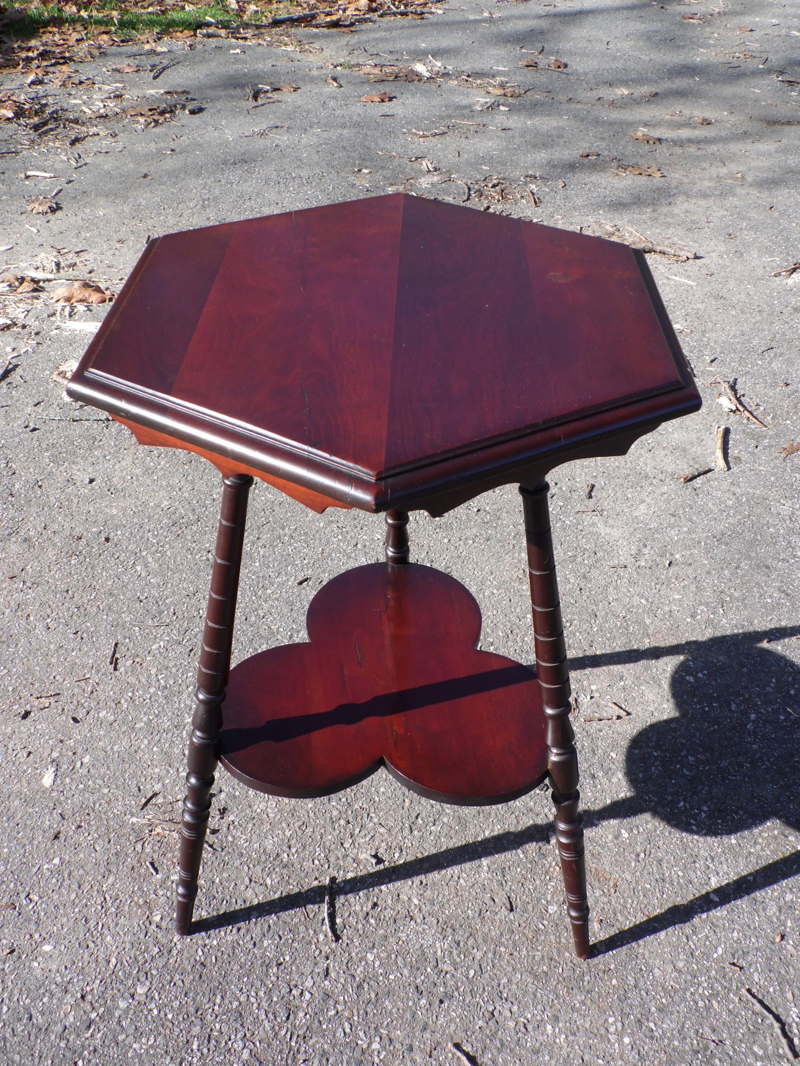 Vintage Solid Cherry Wood Tripod Hexagon 2 Tier Plant Stand Accent Table - 11