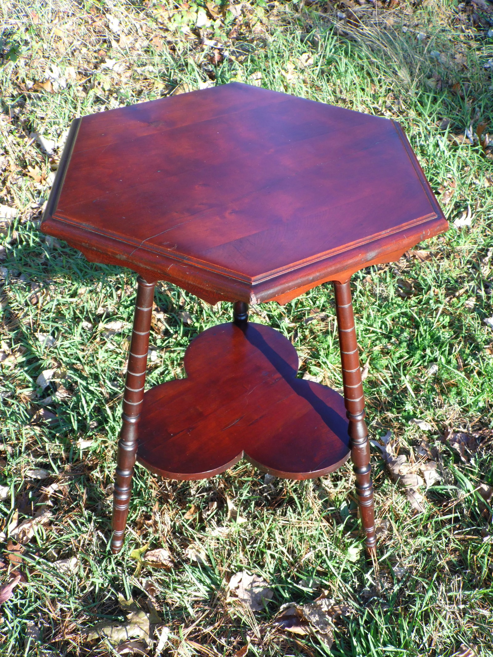 Vintage Solid Cherry Wood Tripod Hexagon 2 Tier Plant Stand Accent Table - 13