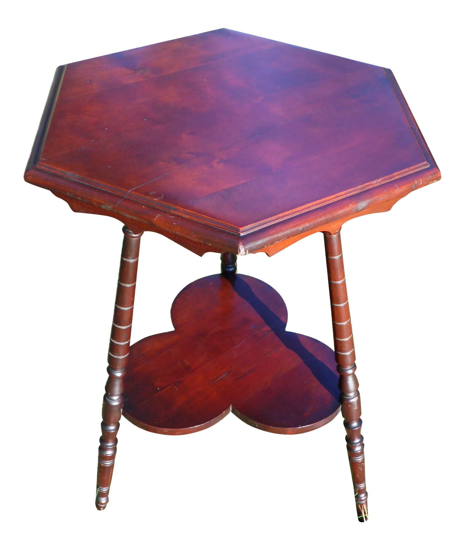 Vintage Solid Cherry Wood Tripod Hexagon 2 Tier Plant Stand Accent Table: Vintage Solid Cherry Tripod Occasional Table has hexagon top with beveled edge and curvaceous apron above a clover shaped bottom shelf supported by long beautifully turned incised legs. Great style