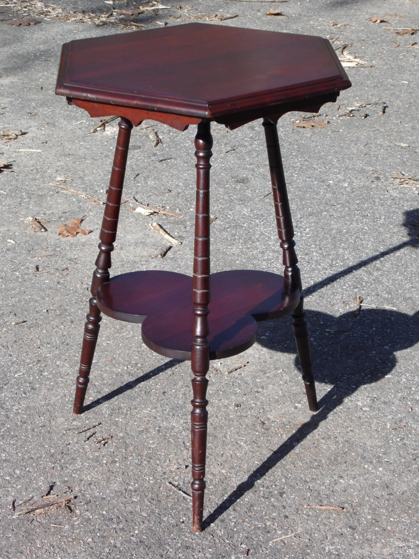 Vintage Solid Cherry Wood Tripod Hexagon 2 Tier Plant Stand Accent Table - 2