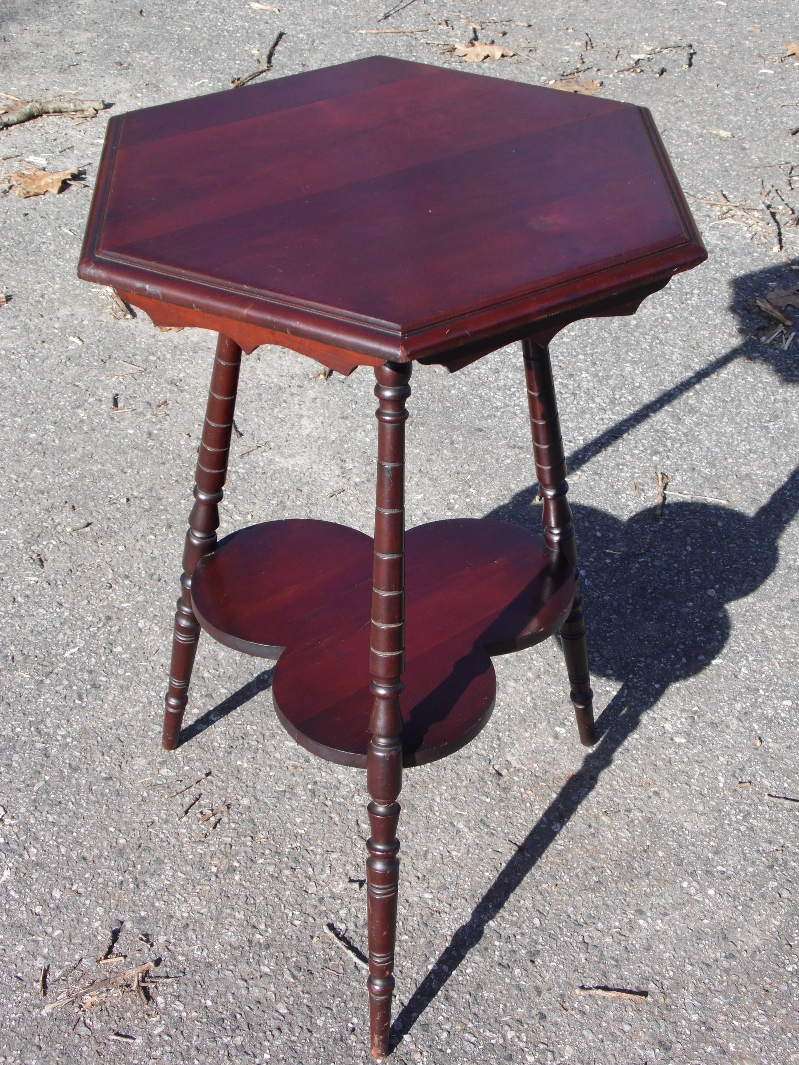 Vintage Solid Cherry Wood Tripod Hexagon 2 Tier Plant Stand Accent Table - 3