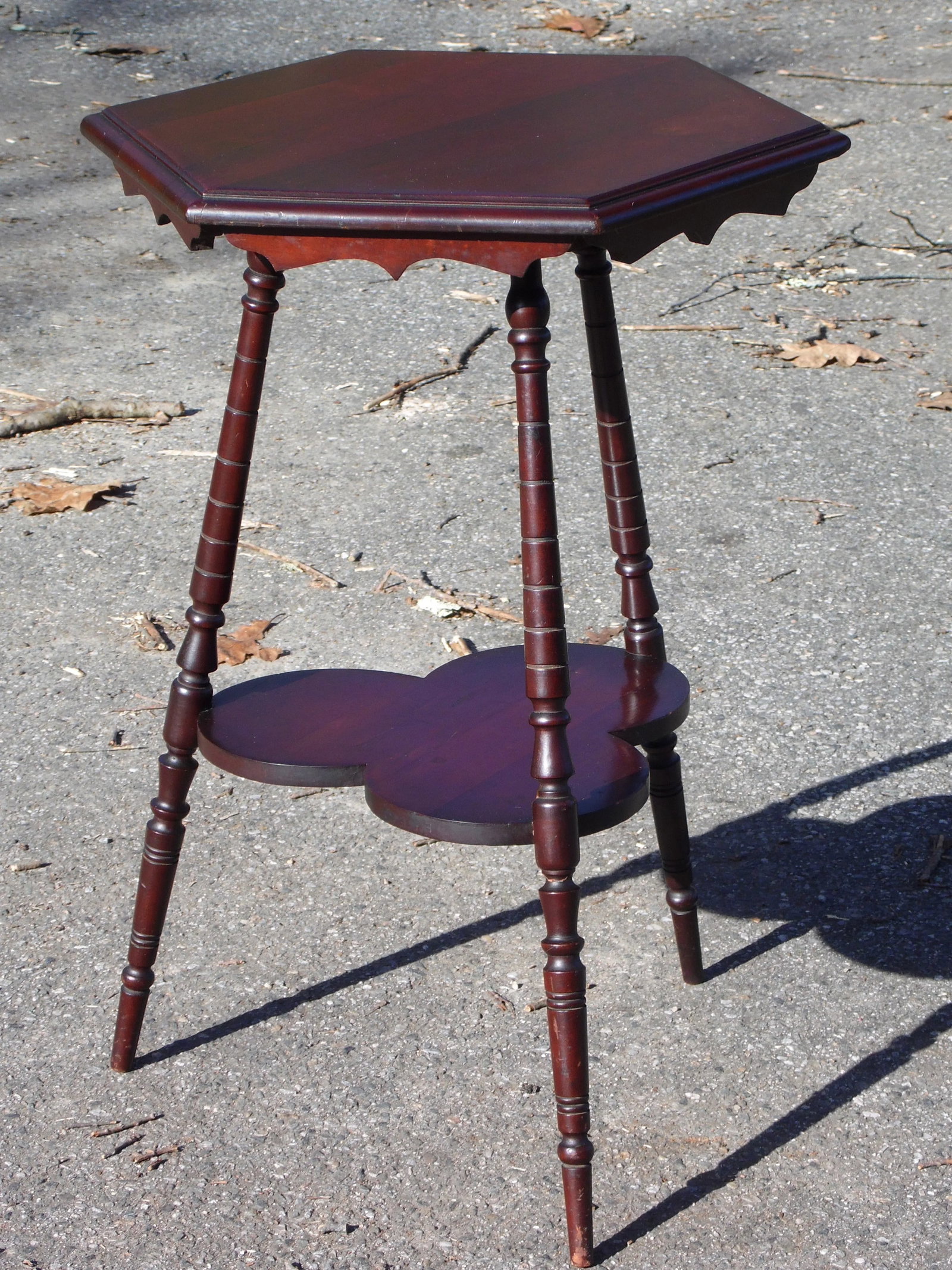 Vintage Solid Cherry Wood Tripod Hexagon 2 Tier Plant Stand Accent Table - 4