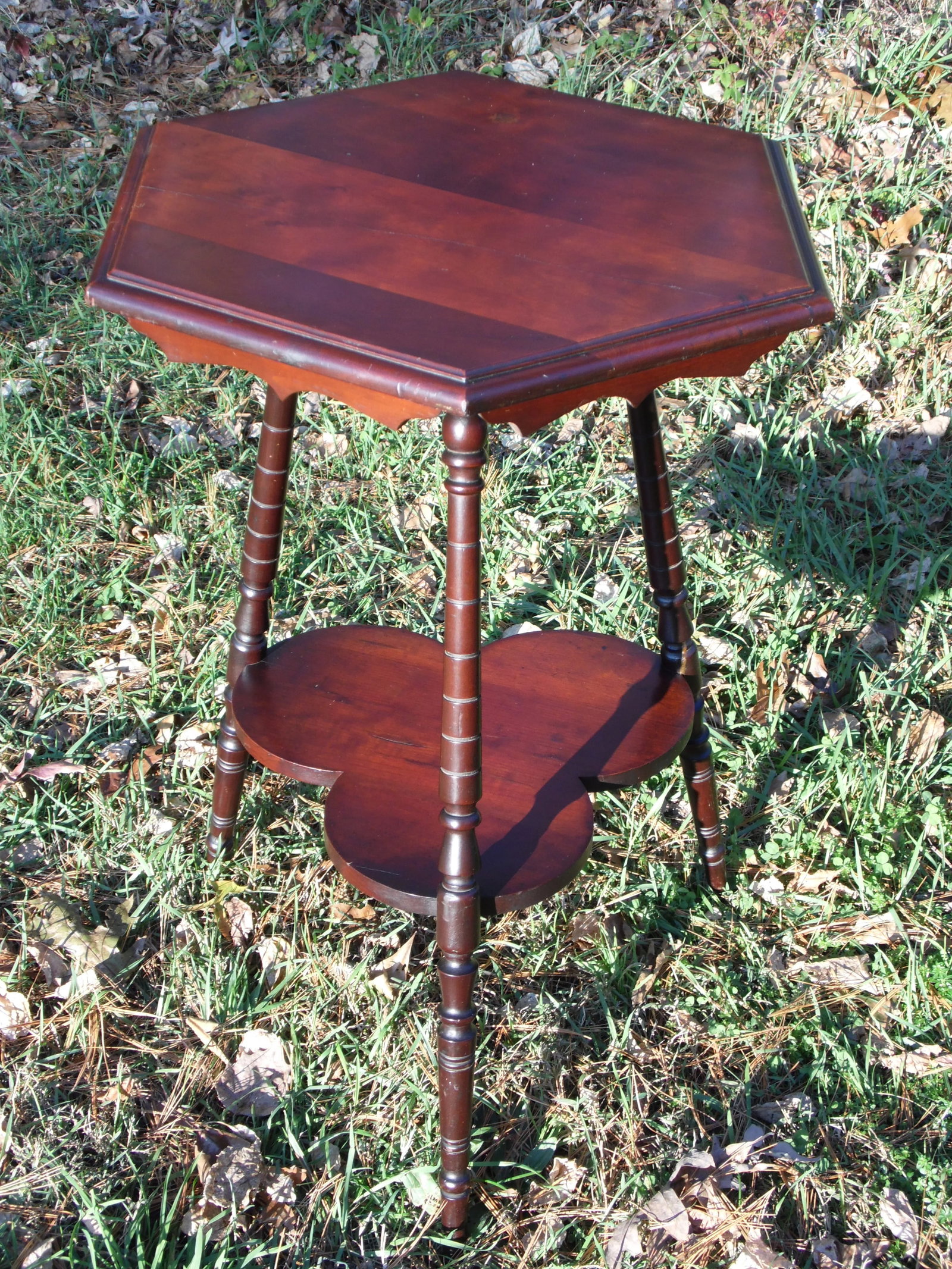 Vintage Solid Cherry Wood Tripod Hexagon 2 Tier Plant Stand Accent Table - 5