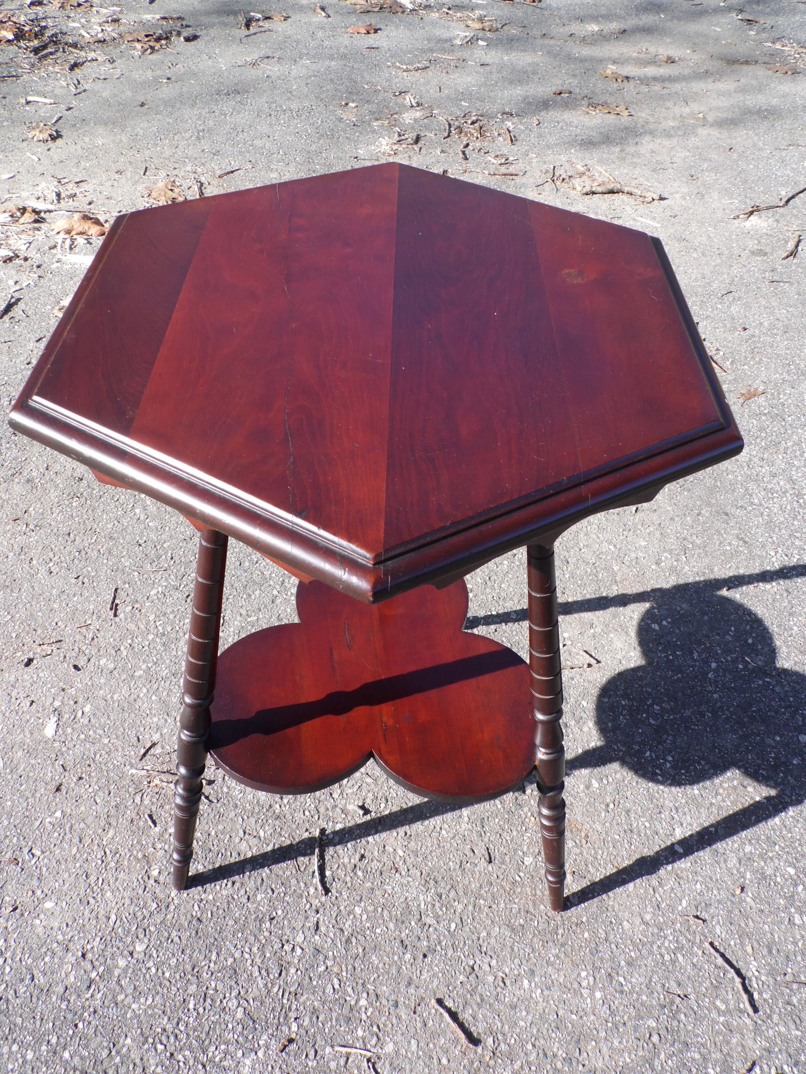 Vintage Solid Cherry Wood Tripod Hexagon 2 Tier Plant Stand Accent Table - 7