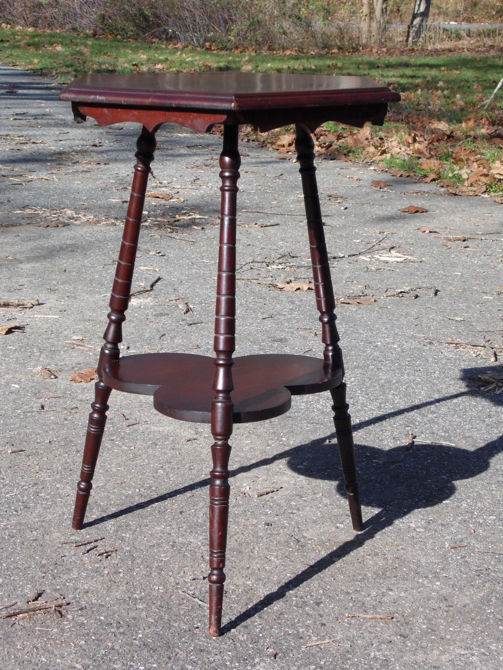 Vintage Solid Cherry Wood Tripod Hexagon 2 Tier Plant Stand Accent Table - 8