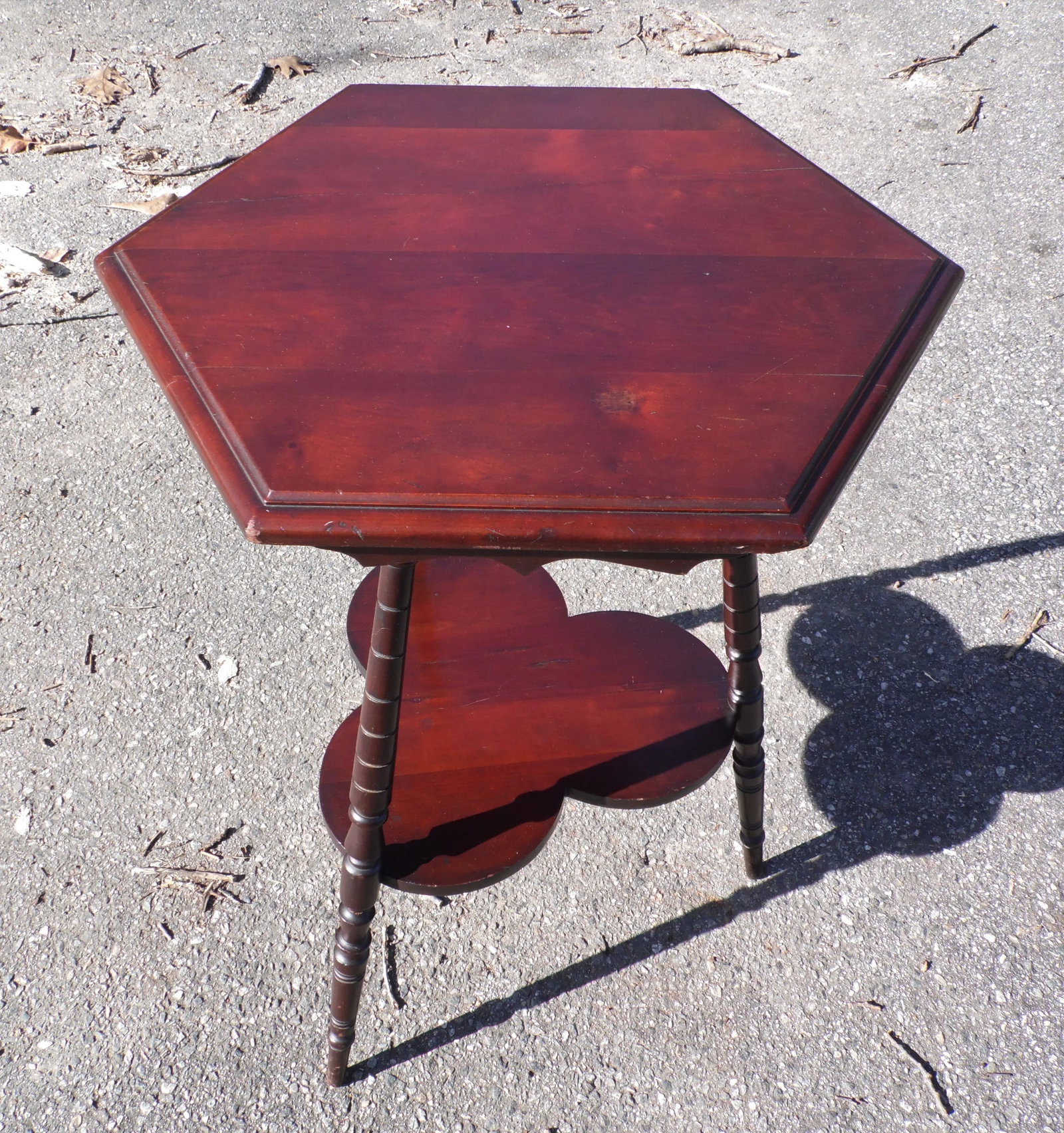 Vintage Solid Cherry Wood Tripod Hexagon 2 Tier Plant Stand Accent Table - 9