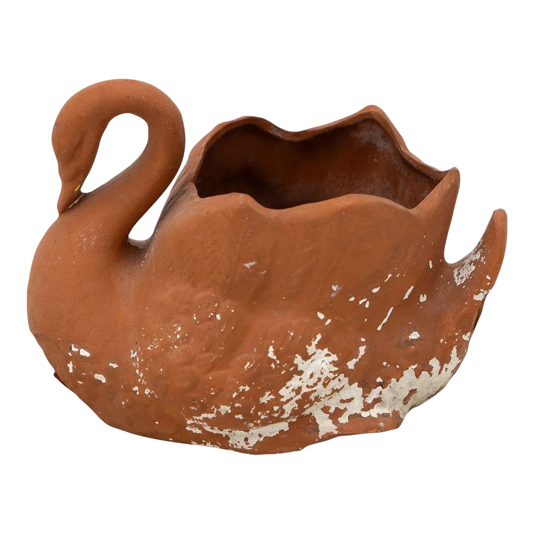 Small Swan Terracotta Vase or Planter, English Late 20th C: This small tabletop terracotta planter, shaped like a swan with a gracefully curved neck, dates back to the late 20th century. It features remnants of white paint and some areas of terracotta loss, ad
