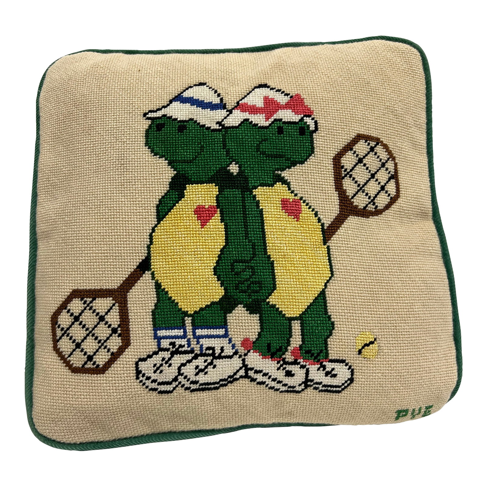 Vintage Turtles Playing Tennis Needlepoint Pillow.: A cute little vintage needlepoint pillow with 2 turtles in love playing tennis. Signed in the lower corner. Welcome to Solid Gold Velvet Interiors! We are so happy to have you. We are a small curated