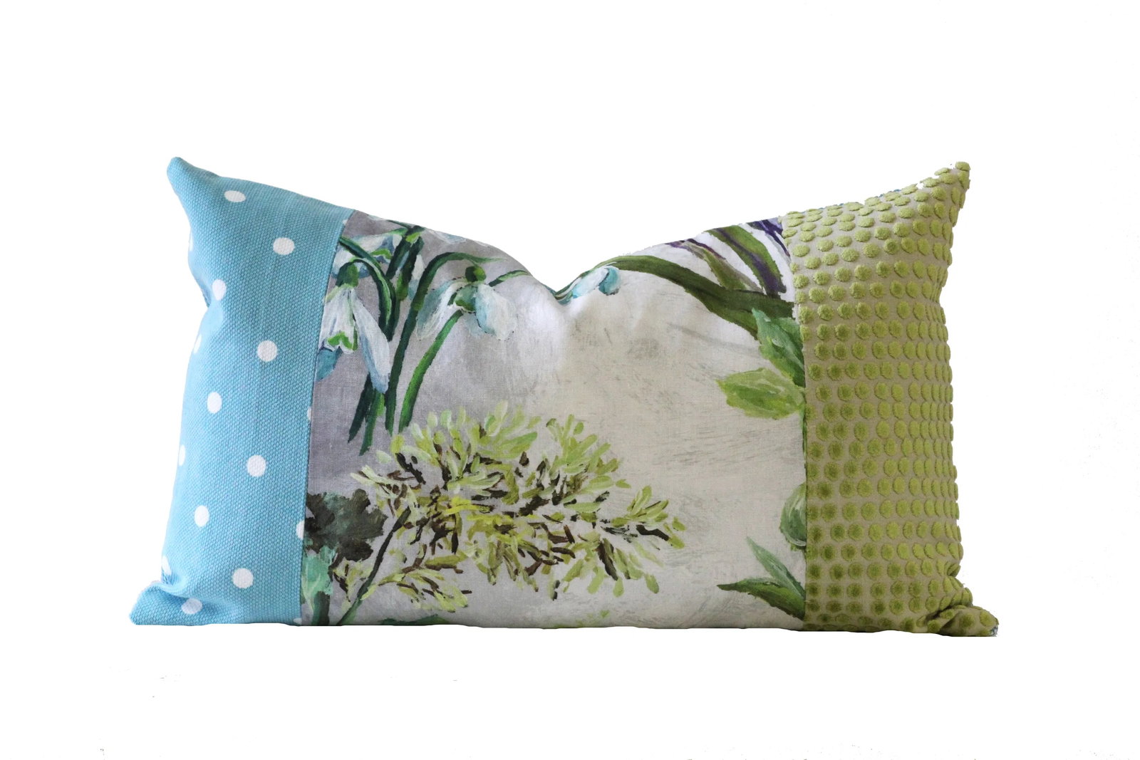 Designer Blue and Green Down Pillow: 16X24 inch designer green and blue feather and down pillow. This modern pillow features fabrics by Pierre Frey and Osborne & Little. The front is a combination of three different fabrics including a b
