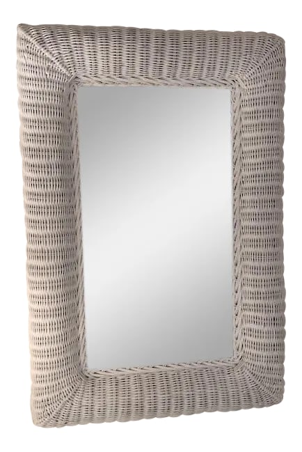 White Wicker Framed Wall Mirror in the Style of Henry Link: Simple and Intricately Woven Heavy Wicker Curved Frame, painted in glossy white, Henry Link Style. From a South Florida Estate, both frame and mirror in mint condition. Six-Drawer Chest, Five Drawer C