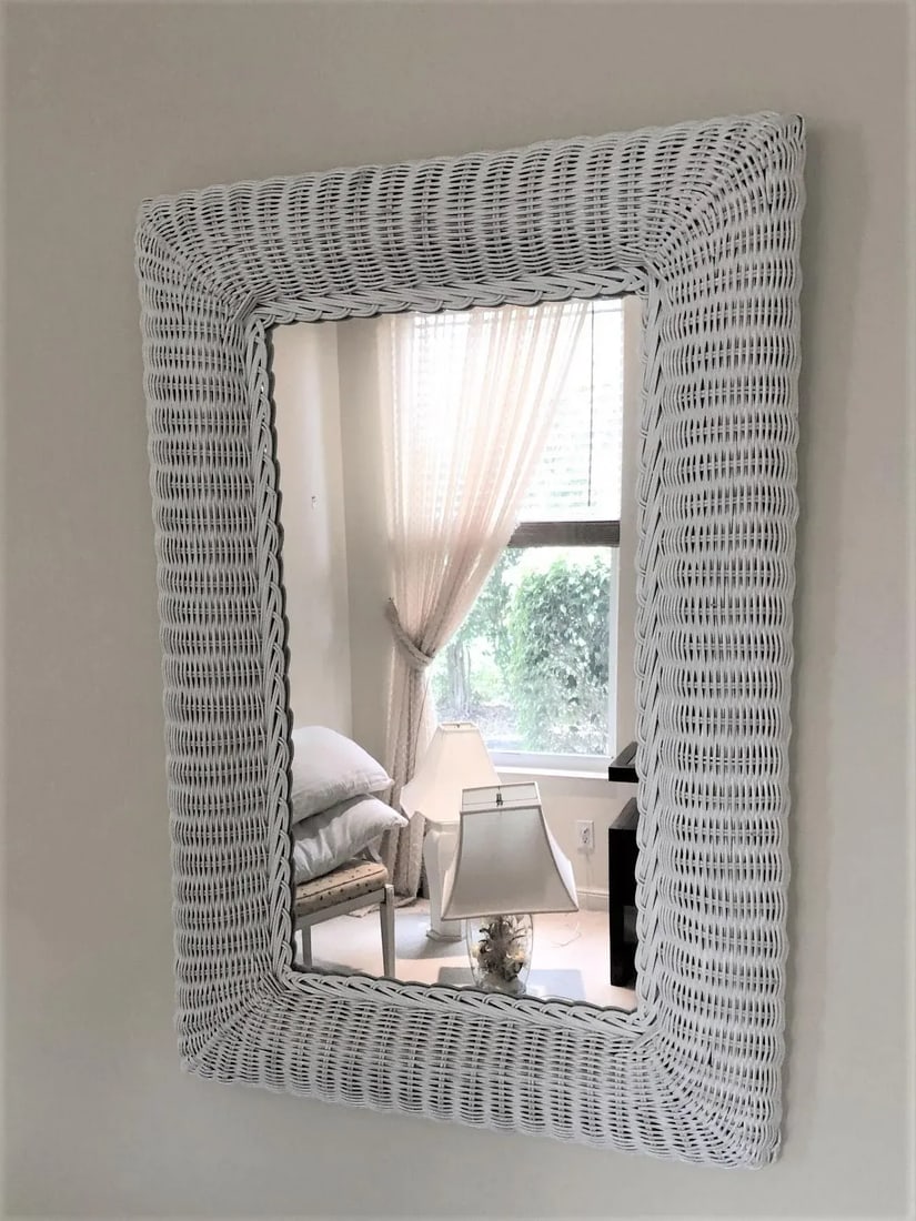 White Wicker Framed Wall Mirror in the Style of Henry Link - 2
