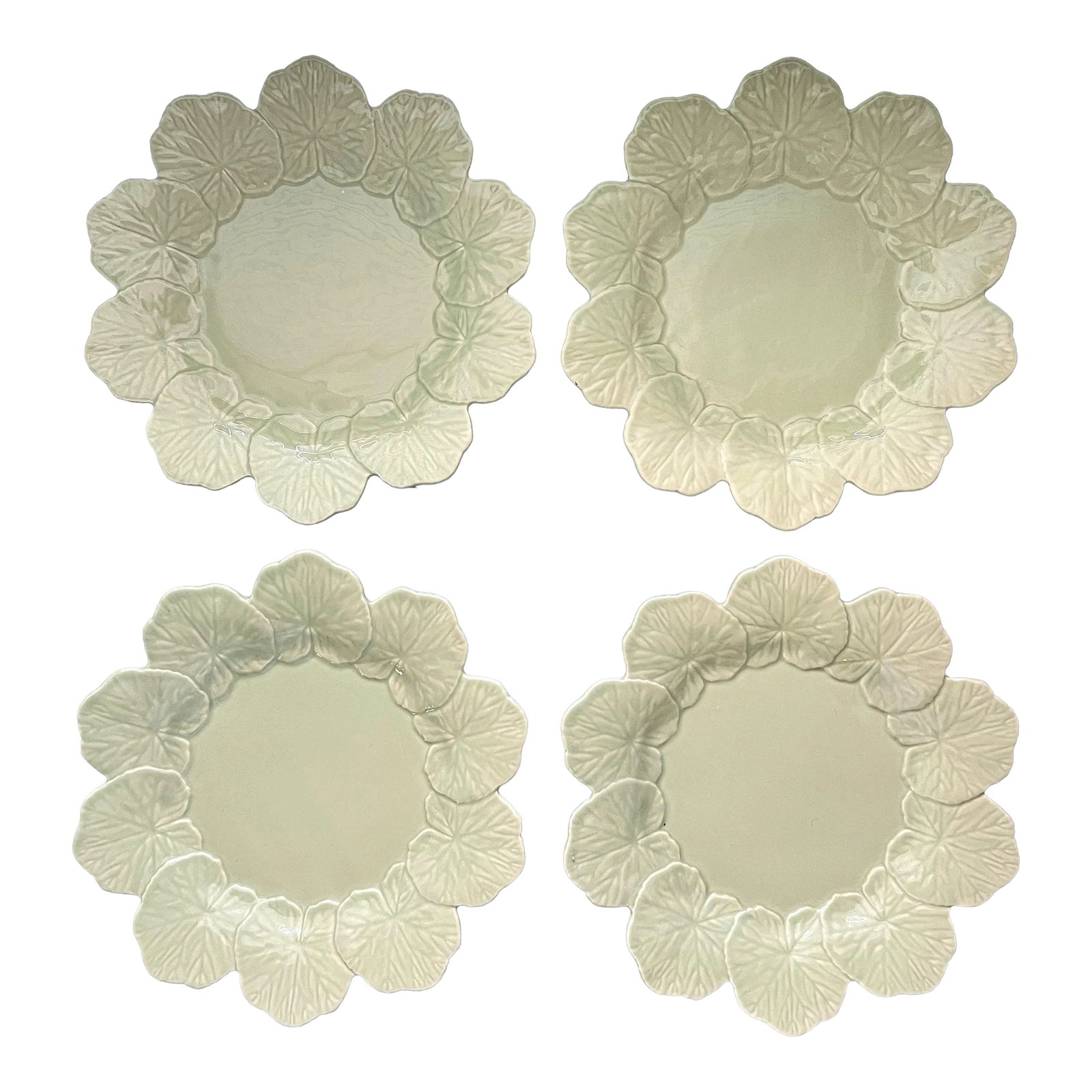 Late 20th Century Sage Green Bordallo Pinheiro Geranium Leaf Plates- Set of 4: Popular geranium leaf plates by the iconic Bordallo Pinheiro of Portugal in a rare light green shade. Condition: Alterations: Original Condition Unaltered Imperfections: Some Imperfections Condition