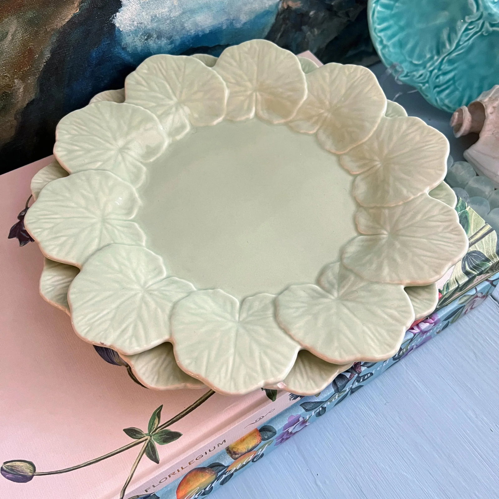 Late 20th Century Sage Green Bordallo Pinheiro Geranium Leaf Plates- Set of 4 - 5