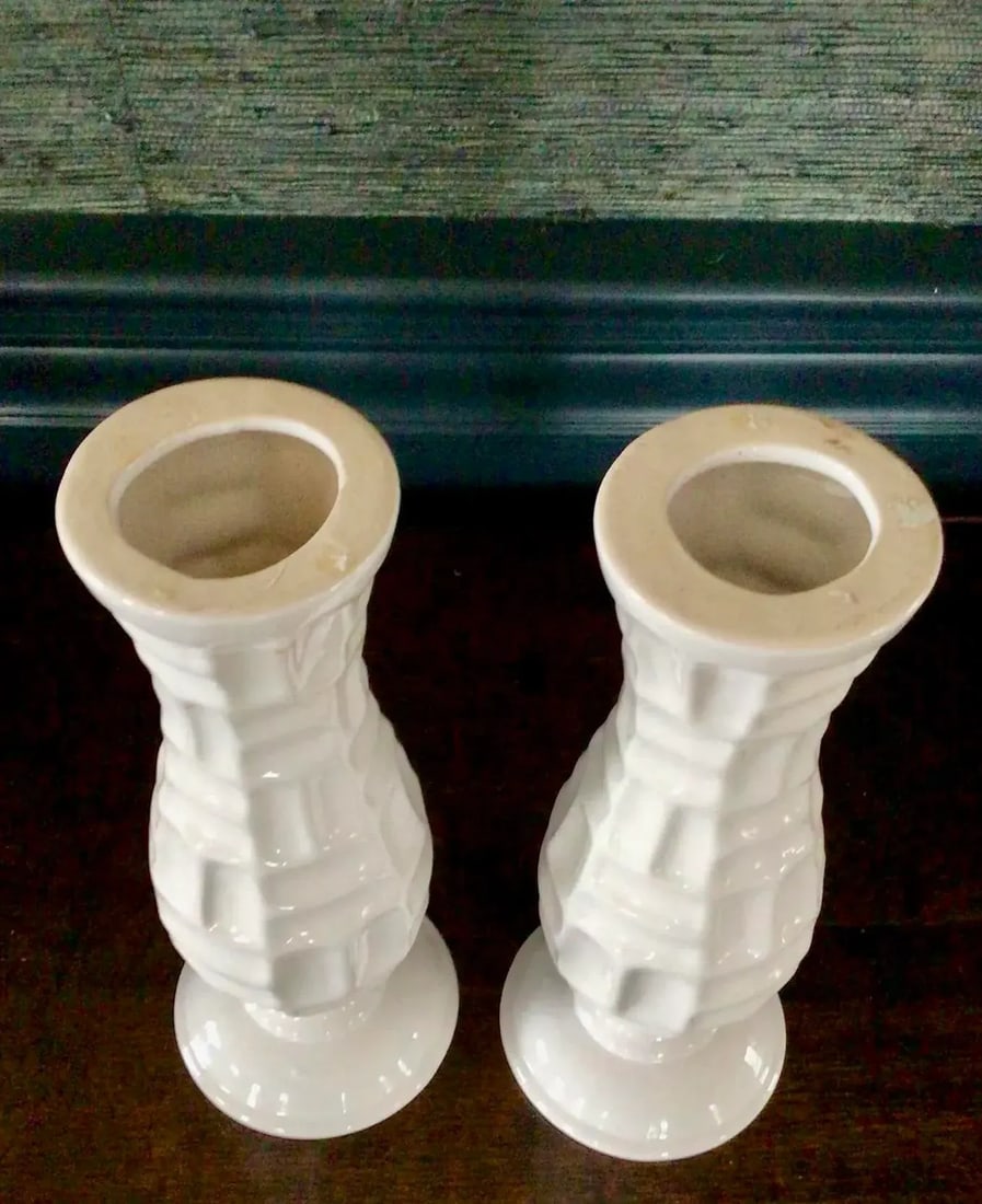 Vintage Pair of White Ceramic Bamboo Form Candle Holders - 10