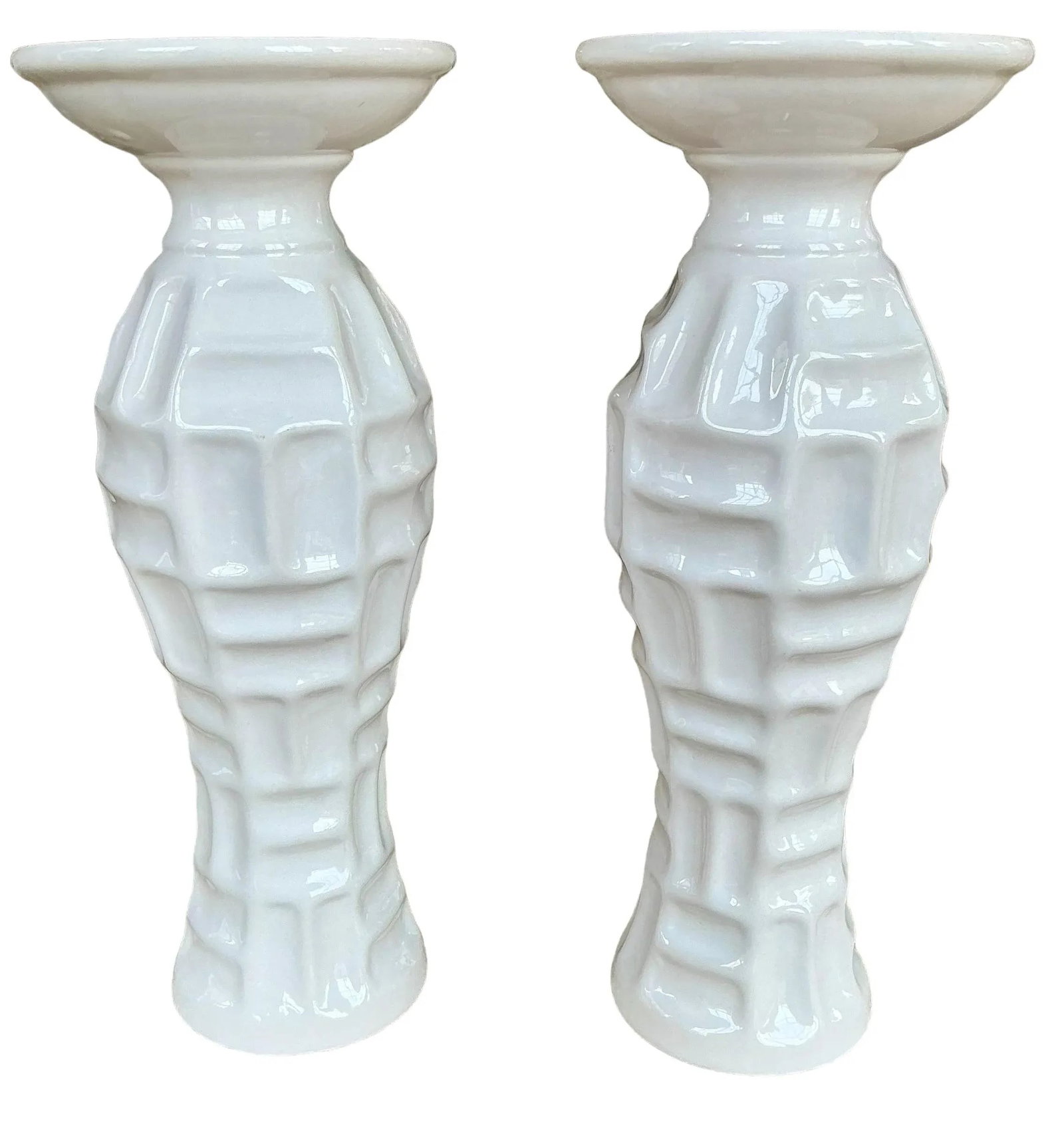 Vintage Pair of White Ceramic Bamboo Form Candle Holders - 11