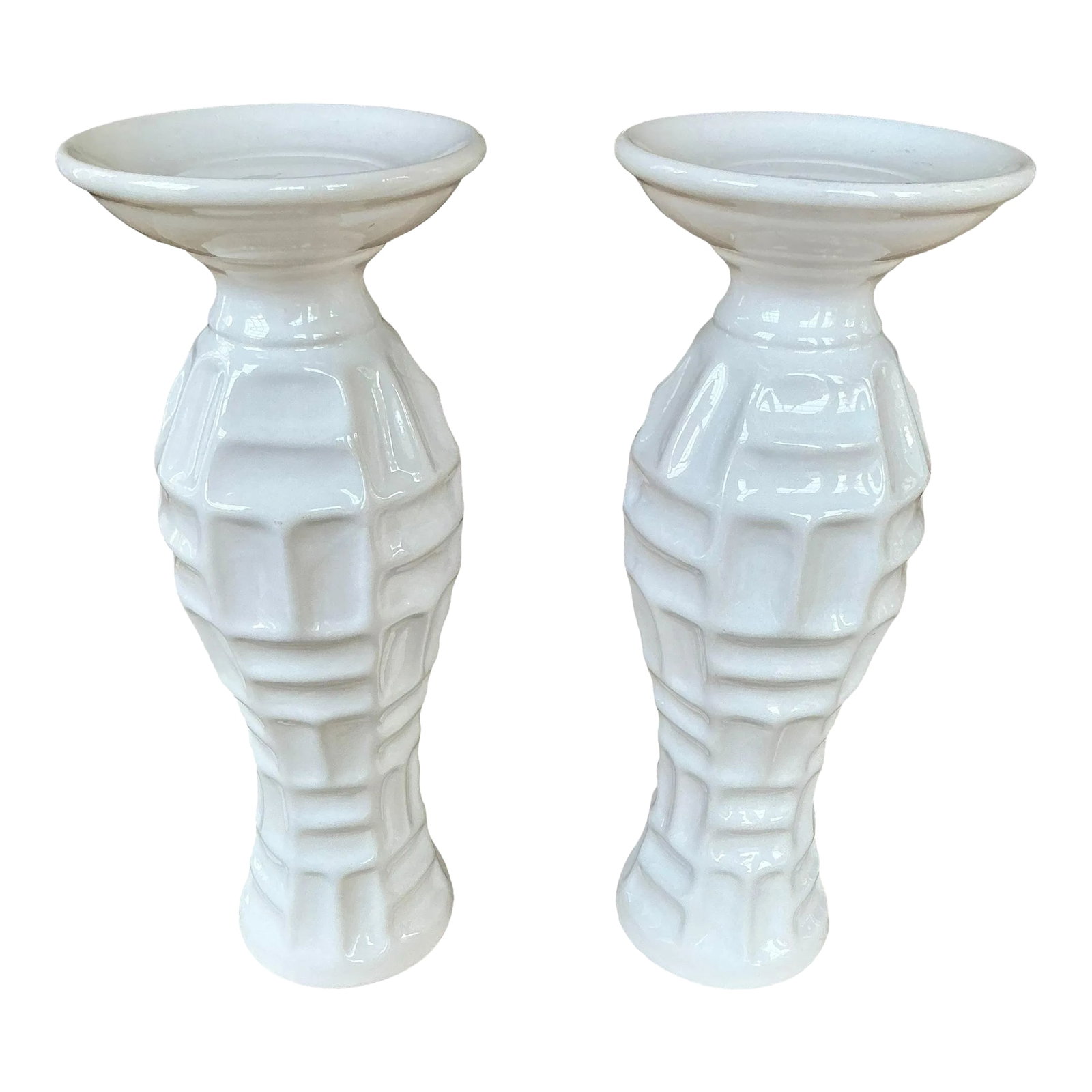 Vintage Pair of White Ceramic Bamboo Form Candle Holders: Vintage Pair of White Ceramic Bamboo Form Candle Holders. No maker's mark present. Approximately 30 years old. Condition: Alterations: Original Condition Unaltered Imperfections: Some Imperfections Co