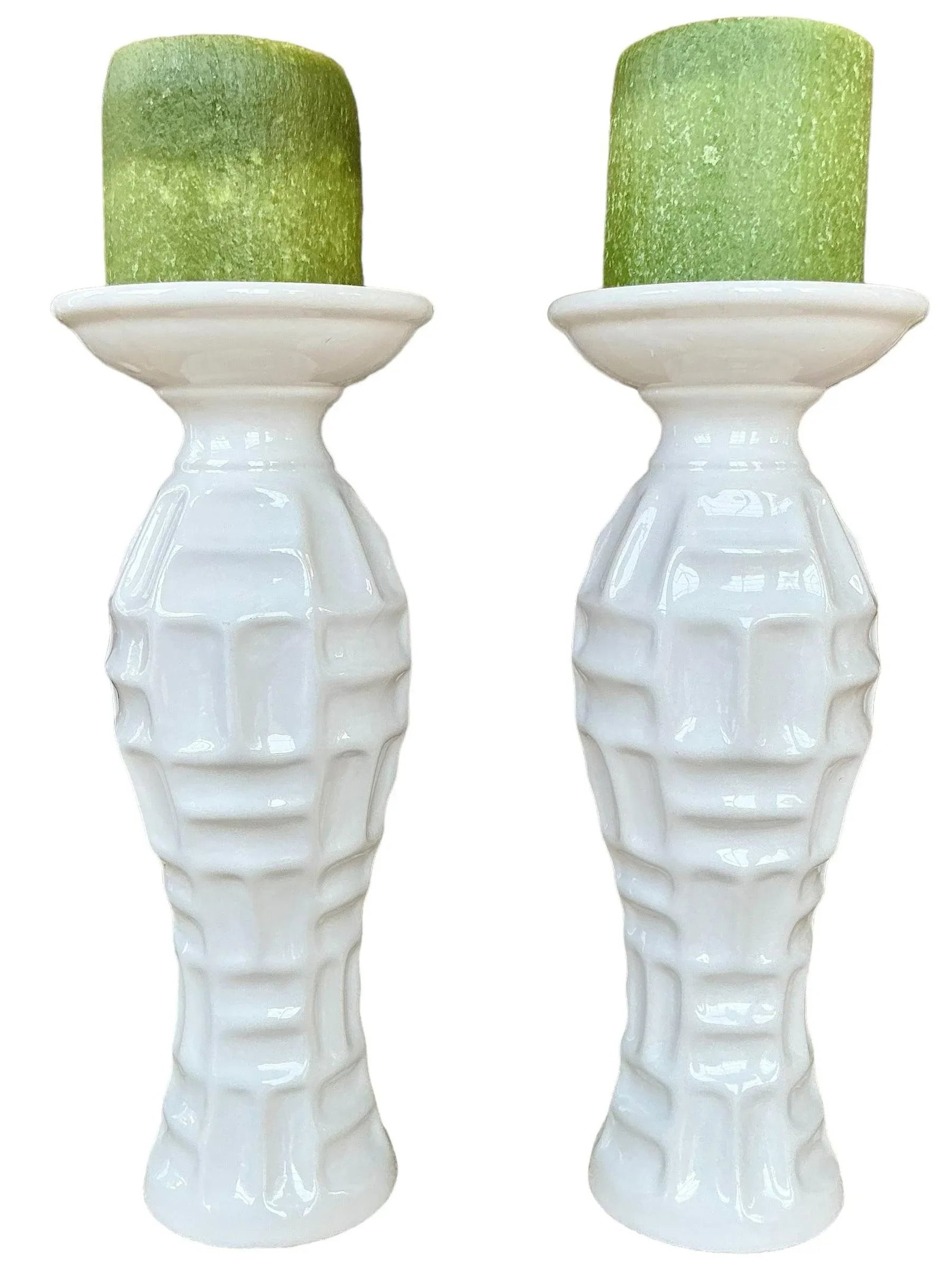 Vintage Pair of White Ceramic Bamboo Form Candle Holders - 2